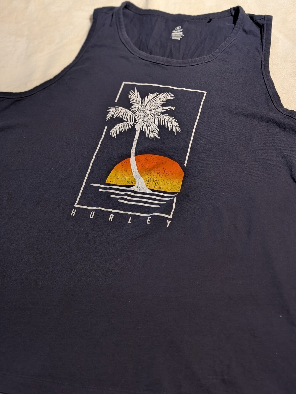 Hurley Navy Sunset Palm Tank with Orange-Yellow Graphic. Xxl